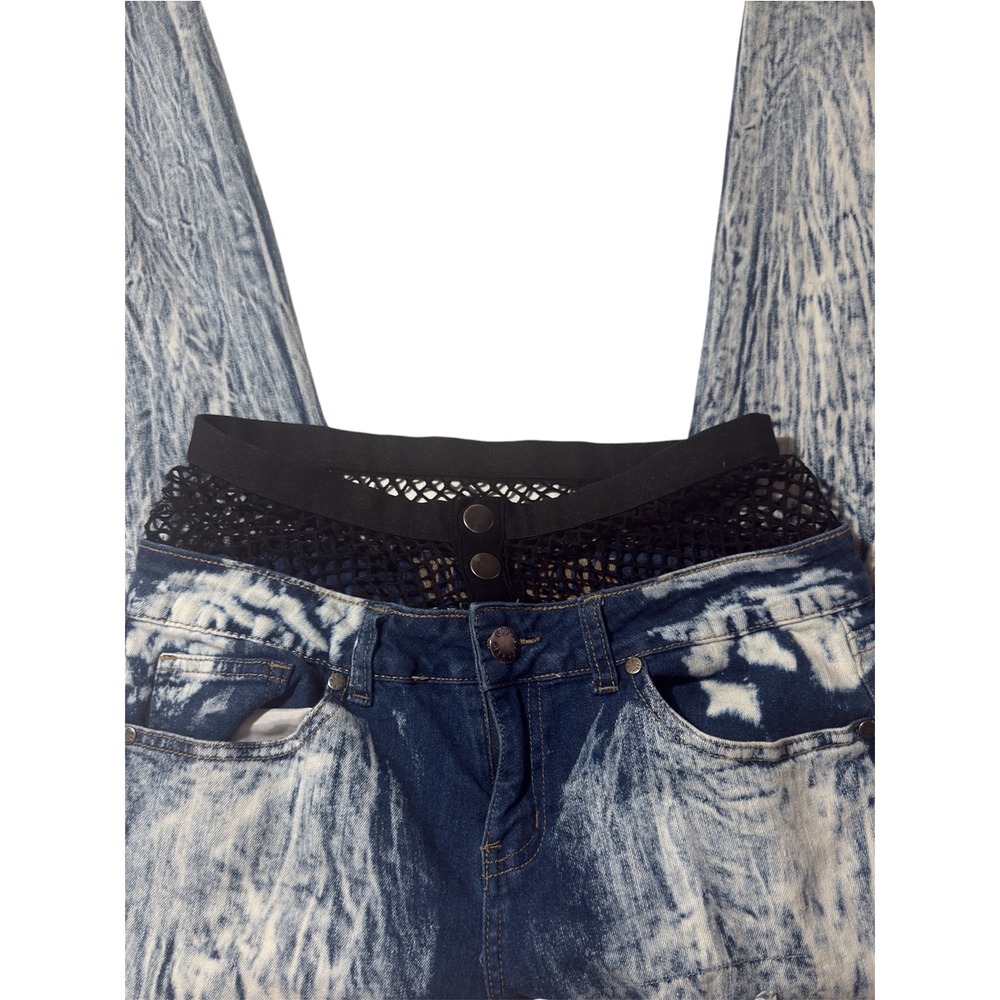 VIP Jeans Blue Acid Wash Distressed Fishnet Waistband 32" Women Grunge Stretch - Picture 5 of 7